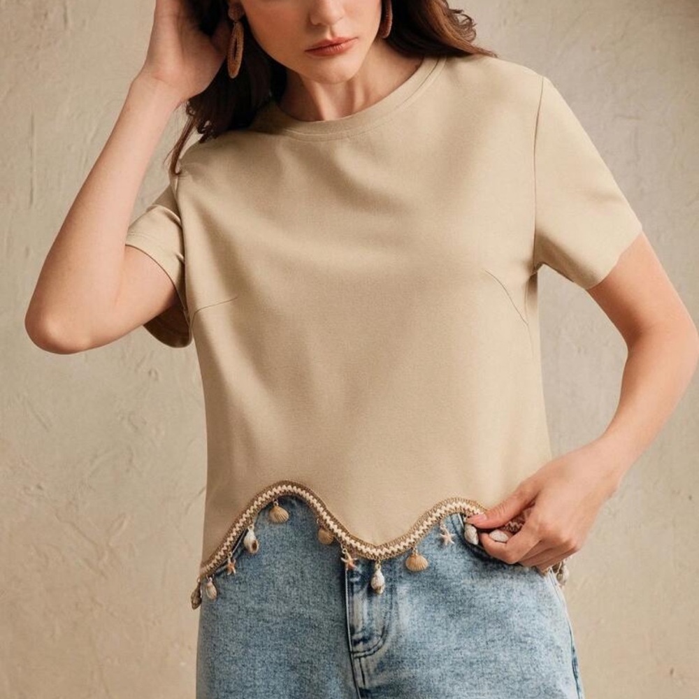 Tan Beige Women's Top T Shirt with Shells Accent Lace Beach Asymmetrical Trim